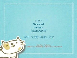 ブログ
Facebook
twitter
instagram等
其々「特徴」が違います
ブログは、「つながり」
を検索エンジンやSNSを使って自分で作っていかなきゃね
 