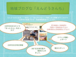 地域ブログな「えんどうさんち」
臼杵市の日常の情報
臼杵市のゆるキャラ
「ほっとさん」のおっ
かけ
360°全天球写真や
動画はじめ
ました。
イベント情報・
レポート
観光スポット
えんどうさんちは、”「自分」と「住んでいる人」が楽しめる情報”がコンセプト
臼杵市の地域ブログ・地域情報発信サイトです。
月10000〜15000PV
7000〜10000UUぐらい
臼杵市の人口40000人ぐらい）
 