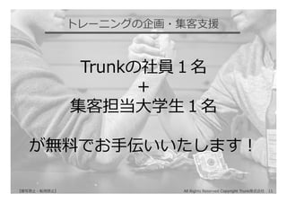 All Rights Reserved Copyright Trunk株式会社 11【複写禁⽌・転⽤禁⽌】
Trunkの社員１名
＋
集客担当⼤学⽣１名
が無料でお⼿伝いいたします！
トレーニングの企画・集客⽀援
 