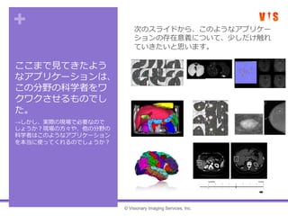 +
ここまで見てきたよう
なアプリケーションは、
この分野の科学者をワ
クワクさせるものでし
た。
次のスライドから、このようなアプリケー
ションの存在意義について、少しだけ触れ
ていきたいと思います。
→しかし、実際の現場で必要なので
しょうか？現場の方々や、他の分野の
科学者はこのようなアプリケーション
を本当に使ってくれるのでしょうか？
© Visionary Imaging Services, Inc.
 
