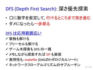 DFS (Depth First Search): 深さ優先探索
• □に数字を仮定して, 行けるところまで突き進む
• ダメになったら一歩戻る
DFS は応用範囲広い
 数独も解ける
 フリーセルも解ける
 ゲーム木探索も DFS の一種
 メモしながら探索すれば DP も実現
 実用性も: makefile (DAGのトポロジカルソート)
 ネットワークフローアルゴリズムのサブルーチン 31 / 70
 