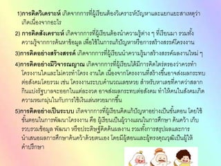 1)การคิดวิเคราะห์ เกิดจากการที่ผู้เรียนต้องวิเคราะห์ปัญหาและแยกแยะสาเหตุว่า
เกิดเนื่องจากอะไร
2) การคิดสังเคราะห์ เกิดจากการที่ผู้เรียนต้องนาความรู้ต่าง ๆ ที่เรียนมา รวมทั้ง
ความรู้จากการค้นหาข้อมูล เพื่อใช้ในการแก้ปัญหาหรือการสร้างสรรค์โครงงาน
3)การคิดอย่างสร้างสรรค์ เกิดจากการที่ผู้เรียนนาความรู้มาสร้างสรรค์ผลงานใหม่ ๆ
4)การคิดอย่างมีวิจารณญาณ เกิดจากการที่ผู้เรียนได้มีการคิดไตร่ตรองว่าควรทา
โครงงานใดและไม่ควรทาโครง งานใด เนื่องจากโครงงานที่สร้างขึ้นอาจส่งผลกระทบ
ต่อสังคมโดยรวม เช่น โครงงานระบบคานวณเลขหวย สาหรับหาเลขที่คาดว่าสลาก
กินแบ่งรัฐบาลจะออกในแต่ละงวด อาจส่งผลกระทบต่อสังคม ทาให้คนในสังคมเกิด
ความหมกมุ่นในกับการใช้เงินเล่นหวยมากขึ้น
5)การคิดอย่างเป็นระบบ เกิดจากการที่ผู้เรียนคิดแก้ปัญหาอย่างเป็นขั้นตอน โดยใช้
ขั้นตอนในการพัฒนาโครงงาน คือ ผู้เรียนเป็นผู้วางแผนในการศึกษา ค้นคว้า เก็บ
รวบรวมข้อมูล พัฒนา หรือประดิษฐ์คิดค้นผลงาน รวมทั้งการสรุปผลและการ
นาเสนอผลการศึกษาค้นคว้าด้วยตนเอง โดยมีผู้สอนและผู้ทรงคุณวุฒิเป็นผู้ให้
คาปรึกษา
 