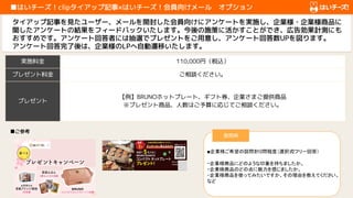 　　　　　
　■はいチーズ！clipタイアップ記事×はいチーズ！会員向けメール　オプション　
タイアップ記事を見たユーザー、メールを開封した会員向けにアンケートを実施し、企業様・企業様商品に
関したアンケートの結果をフィードバックいたします。今後の施策に活かすことができ、広告効果計測にも
おすすめです。アンケート回答者には抽選でプレゼントをご用意し、アンケート回答数UPを図ります。
アンケート回答完了後は、企業様のLPへ自動遷移いたします。
■ご参考
設問例
・企業様商品にどのような印象を持ちましたか。
・企業様商品のどの点に魅力を感じましたか。
・企業様商品を使ってみたいですか、その理由を教えてください。　
　　　　　
など
■企業様ご希望の設問を
10問程度（選択式/フリー回答）
実施料金 110,000円（税込）
プレゼント料金 ご相談ください。
プレゼント
【例】BRUNOホットプレート、ギフト券、企業さまご提供商品
※プレゼント商品、人数はご予算に応じてご相談ください。
 