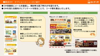　　　　　
　■郵送DM　オプションメニューのご紹介
■ DM到着前にメールを配信し、開封率＆読了率のUPを図ります。
■ DMを見た会員向けにアンケートを取ることで、リーチ数を算出いたします。　　　　　
郵送DM送付者に、
到着予定日に事前にメールで
お知らせします。
●DM送付の唐突感がなくな
り、好意度UP
●楽しいコンテンツが入って
いることをお知らせし、開封
率UP
▼はいチーズ！新聞イメージ
※参考
■他社様実績
アンケートアクセス数(10,000通)　
4%
DM到着前のメール配信 アンケートに答えてプレゼントキャンペーン
DMを見た会員向けにアン
ケートを実施しリーチ数の
算出と、企業様に関したア
ンケートの結果をフィード
バックいたします。
※企業様にてアンケート実施等運営される場合、
　掲載枠のみのご提供も可能です。
 