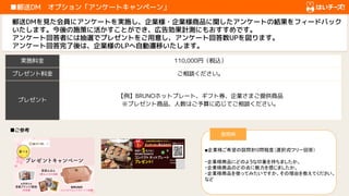 　　　　　
　■郵送DM　オプション「アンケートキャンペーン」　
郵送DMを見た会員にアンケートを実施し、企業様・企業様商品に関したアンケートの結果をフィードバック
いたします。今後の施策に活かすことができ、広告効果計測にもおすすめです。
アンケート回答者には抽選でプレゼントをご用意し、アンケート回答数UPを図ります。
アンケート回答完了後は、企業様のLPへ自動遷移いたします。
■ご参考
設問例
・企業様商品にどのような印象を持ちましたか。
・企業様商品のどの点に魅力を感じましたか。
・企業様商品を使ってみたいですか、その理由を教えてください。　
　　　　　
など
■企業様ご希望の設問を
10問程度（選択式/フリー回答）
実施料金 110,000円（税込）
プレゼント料金 ご相談ください。
プレゼント
【例】BRUNOホットプレート、ギフト券、企業さまご提供商品
※プレゼント商品、人数はご予算に応じてご相談ください。
 