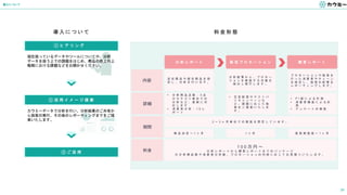 21
導入について
導 入 に つ い て
① ヒ ア リ ン グ
② 活 用 イ メ ー ジ 提 案
③ ご 活 用
現在扱っているデータやツールについてや、分析
データを扱う上での課題をはじめ、商品の売上向上
戦略における課題などをお聞かせください。
カウミーデータで分析を行い、分析結果のご共有か
ら施策の実行、その後のレポーティングまでをご提
案いたします。
料 金 形 態
分 析 レ ポ ー ト 販 促 プ ロ モ ー シ ョ ン 購 買 レ ポ ー ト
内容 自 社 商 品 や 競 合 商 品 を 指
定 し 、 分 析 を 行 い ま す 。
分 析 結 果 か ら 、 プ ロ モ ー
シ ョ ン を 実 施 す る 対 象 を
抽 出 し 実 行 し ま す 。
プ ロ モ ー シ ョ ン や 施 策 を
行 っ た 消 費 者 や チ ェ ー ン
を 指 定 し 、 施 策 の 影 響 を
レ ポ ー テ ィ ン グ し ま す 。
期間
• 分 析 商 品 点 数 ： 5 点
※ カ テ ゴ リ 単 位 で の
分 析 な ど 、 柔 軟 に 対
応 し ま す
• 消 費 者 分 析 ： 1 0 レ
ポ ー ト
• 広 告 配 信 や マ ス ト バ
イ キ ャ ン ペ ー ン な
ど 、 課 題 に 応 じ た 施
策 を ご 提 案 い た し ま
す 。
• P I 値 に よ る 計 測
• 消 費 者 構 造 に よ る 計
測
• ア ン ケ ー ト の 実 施
詳細
2 ～ 3 ヶ 月 単 位 で の 実 施 を 想 定 し て い ま す 。
商 品 決 定 ～ 1 ヶ 月 1 ヶ 月 施 策 実 施 後 ～ 1 ヶ 月
料金
1 0 0 万 円 ～
分 析 レ ポ ー ト か ら 購 買 レ ポ ー ト ま で の パ ッ ケ ー ジ
※ 分 析 商 品 数 や 消 費 者 分 析 数 、 プ ロ モ ー シ ョ ン の 内 容 に 応 じ て お 見 積 り い た し ま す 。
 
