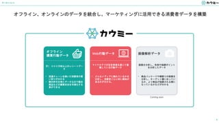 データについて
8
オフライン、オンラインのデータを統合し、マーケティングに活用できる消費者データを構築
オフライン
購買行動データ
月1，０００万枚以上のレシートデー
タ
• 流通チェーンを跨いだ消費者の買
い回りが分かる
• 開示許可を得たデータなので競合
商品などの購買状況を可視化する
事ができる
Web行動データ
マイクロアドが広告事業を通じて蓄
積している行動データ
• どんなメディアに触れているかを
分析し、消費者ごとに何に興味が
あるかが分かる。
画像解析データ
画像を分析し、色相や強調ポイント
を分析したデータ
• 商品パッケージや棚割りの画像を
分析し、ターゲット層に合ってい
るか、より商品が強調される棚に
なっているかなどが分かる
Coming soon
 