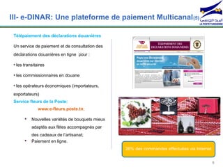 III- e-DINAR: Une plateforme de paiement Multicanal (5)

 Télépaiement des déclarations douanières

 Un service de paiement et de consultation des
 déclarations douanières en ligne pour :

 • les transitaires

 • les commissionnaires en douane

 • les opérateurs économiques (importateurs,

 exportateurs)
 Service fleurs de la Poste:
               www.e-fleurs.poste.tn;

          Nouvelles variétés de bouquets mieux
           adaptés aux fêtes accompagnés par
           des cadeaux de l’artisanat;
          Paiement en ligne.
                                                  26% des commandes effectuées via Internet


                                                                                              9
 
