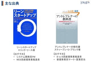 主な出典




   リーンスタートアップ	
      アントレプレナーの教科書	
    エリック・リース著	
      スティーブン・G・ブランク著	
  【おすすめ】	
           【おすすめ】	
  •  システム開発系PM	
     •  B to B系新規事業推進者	
  •  WEB系新規事業推進者	
   •  新規事業系マーケ・営業担当	
 
