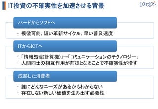 IT投資の不確実性を加速させる背景

 ハードからソフトへ	

 •  模倣可能、短い革新サイクル、早い普及速度	

 ITからICTへ	

 •  「情報処理(計算機)」→「コミュニケーションのテクノロジー」	
 •  人間同士の相互作用が前提となることで不確実性が増す	

 成熟した消費者	

 •  誰にどんなニーズがあるかもわからない	
 •  存在しない新しい価値を生み出す必要性	
 
