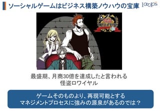 ソーシャルゲームはビジネス構築ノウハウの宝庫




   最盛期、月商30億を達成したと言われる	
        怪盗ロワイヤル	

    ゲームそのものより、再現可能とする	
 マネジメントプロセスに強みの源泉があるのでは？	
 