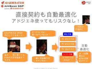 Copyright © Scaleout Inc. All Rights Reserved.
直接契約も自動最適化
アドジェネ使ってもリスクなし！
A 社が来月は CPC20
円にしてくれるって！
A 社が来月は CPC20
円にしてくれるって！
あれ・・前に使ってた
B 社の方が収益良かっ
たかも・・
あれ・・前に使ってた
B 社の方が収益良かっ
たかも・・
だったら YOU ！
使っちゃいないよ！
だったら YOU ！
使っちゃいないよ！
一緒に収益最大化
しちゃいなよ！
一緒に収益最大化
しちゃいなよ！
自動
最適化
ｱﾄﾞﾈｯﾄﾜｰｸ Aｱﾄﾞﾈｯﾄﾜｰｸ A
ｱﾄﾞﾈｯﾄﾜｰｸ Bｱﾄﾞﾈｯﾄﾜｰｸ B
ｱﾄﾞﾈｯﾄﾜｰｸ Cｱﾄﾞﾈｯﾄﾜｰｸ C
弊社手配弊社手配
ｱﾄﾞﾈｯﾄﾜｰｸ D
( ｶｽﾀﾑﾀｸﾞ）
ｱﾄﾞﾈｯﾄﾜｰｸ D
( ｶｽﾀﾑﾀｸﾞ）
ユーザー手配ユーザー手配 ﾚﾎﾟｰﾄ自動
取込＆
eCPM 反映
近日ﾘﾘｰｽ !
ﾚﾎﾟｰﾄ自動
取込＆
eCPM 反映
近日ﾘﾘｰｽ !
 