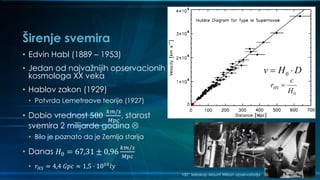 Širenje svemira
• Edvin Habl (1889 – 1953)
• Jedan od najvažnijih opservacionih
kosmologa XX veka
• Hablov zakon (1929)
• Potvrda Lemetreove teorije (1927)
• Dobio vrednost 500
𝑘𝑚/𝑠
𝑀𝑝𝑐
, starost
svemira 2 milijarde godina 
• Bilo je poznato da je Zemlja starija
• Danas 𝐻0 = 67,31 ± 0,96
𝑘𝑚/𝑠
𝑀𝑝𝑐
• 𝑟 𝐻𝑆 = 4,4 𝐺𝑝𝑐 ≈ 1,5 ∙ 1010 𝑙𝑦
0v H D 
0
HS
c
r
H

100“ teleskop Mount Wilson opservatorija
 