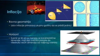 Inflacija
• Ravna geometrija
• Uslov inflacije primorava ukupnu gustinu da se približi jedinici
• Horizont
• Svemir se širi ali ne menjaju se karakteristične
dimenzije, mali deo svemira poraste do
višestruko većih dimenzija od vidljivog svemira
 
