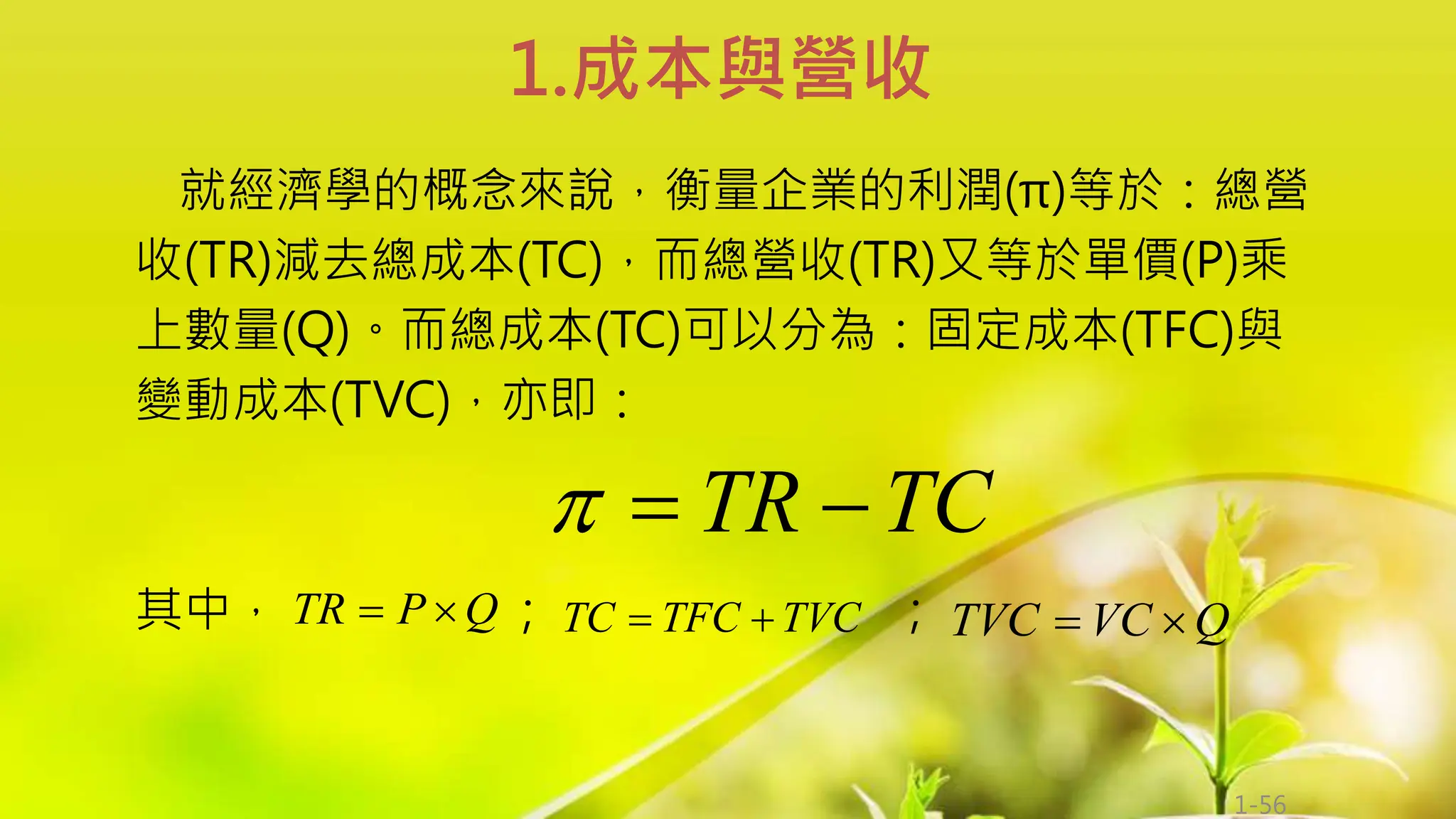 1-56
就經濟學的概念來說，衡量企業的利潤(π)等於：總營
收(TR)減去總成本(TC)，而總營收(TR)又等於單價(P)乘
上數量(Q)。而總成本(TC)可以分為：固定成本(TFC)與
變動成本(TVC)，亦即：
其中， ； ；
1.成本與營收
TC
TR 


Q
P
TR 
 TVC
TFC
TC 
 Q
VC
TVC 

 