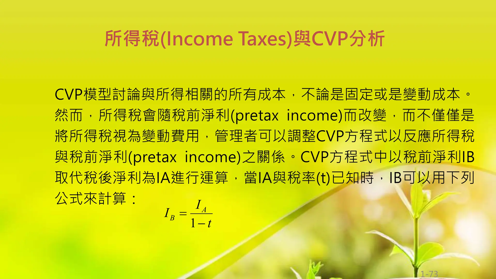 1-73
CVP模型討論與所得相關的所有成本，不論是固定或是變動成本。
然而，所得稅會隨稅前淨利(pretax income)而改變，而不僅僅是
將所得稅視為變動費用，管理者可以調整CVP方程式以反應所得稅
與稅前淨利(pretax income)之關係。CVP方程式中以稅前淨利IB
取代稅後淨利為IA進行運算，當IA與稅率(t)已知時，IB可以用下列
公式來計算：
所得稅(Income Taxes)與CVP分析
t
I
I A
B


1
 