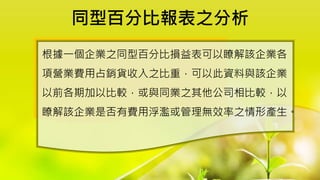 同型百分比報表之分析
根據一個企業之同型百分比損益表可以瞭解該企業各
項營業費用占銷貨收入之比重，可以此資料與該企業
以前各期加以比較，或與同業之其他公司相比較，以
瞭解該企業是否有費用浮濫或管理無效率之情形產生。
 