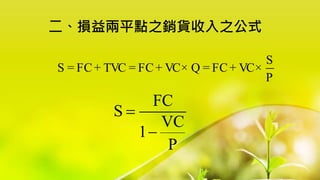 二、損益兩平點之銷貨收入之公式
S
S = FC+ TVC = FC+ VC× Q = FC+ VC×
P
FC
S
VC
1
P


 