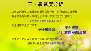 三、敏感度分析
企業之銷貨收入若屬安全邊際之部分時，其所創造之邊際貢
獻全部均為利潤，淨利之公式可以下列式子加以計算之：
安全邊際×邊際貢獻率=淨利
安全邊際率之公式如下：
同樣地，亦可以下列式子計算該企業之淨利率：
淨利率=安全邊際率×邊際貢獻率
=
( )
安全邊際
安全邊際率
預計 實際 銷售金額
 