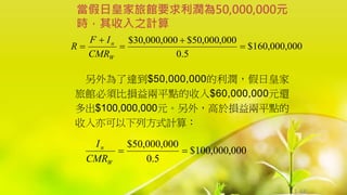1-66
另外為了達到$50,000,000的利潤，假日皇家
旅館必須比損益兩平點的收入$60,000,000元還
多出$100,000,000元。另外，高於損益兩平點的
收入亦可以下列方式計算：
當假日皇家旅館要求利潤為50,000,000元
時，其收入之計算
000
,
000
,
160
$
5
.
0
000
,
000
,
50
$
000
,
000
,
30
$





W
n
CMR
I
F
R
000
,
000
,
100
$
5
.
0
000
,
000
,
50
$


W
n
CMR
I
 