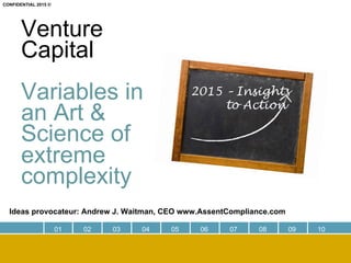 Venture
Capital
Variables in
an Art &
Science of
extreme
complexity
Ideas provocateur: Andrew J. Waitman, CEO www.AssentCompliance.com
01 02 03 04 05 06 07 08 09 10
2015 – Insights
to Action
CONFIDENTIAL 2015 ©
 