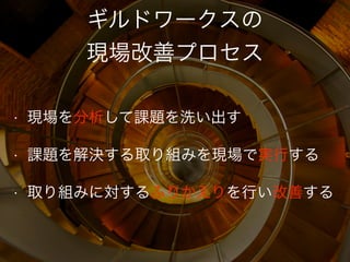 ギルドワークスの 
現場改善プロセス
• 現場を分析して課題を洗い出す
• 課題を解決する取り組みを現場で実行する
• 取り組みに対するふりかえりを行い改善する
 