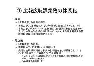 ① 広報広聴課業務の体系化	
•  課題	
  
–  「広報広聴」の定義の不在。	
  
–  事業ごとの、正統性のバラツキ（要綱、要領、ガイドライン等）	
  
–  事業ごとのパフォーマンスを横断的、総合的に判断する基準が
乏しく、一元的な広報広聴に至っていない。また事業規模と予算
規模の間の合理的説明が不十分	
  
•  解決策	
  
–  「広報広聴」の定義。	
  
–  事業単位ごとに文書レベルを統一？	
  
–  費用対効果が不明瞭な事業の説明責任をより顕著なものにす
るという意味でも、クロスメディア化の実施	
  
•  ラジオ、テレビ、ラジオ収録コンテンツの権利買い上げを前提にした企
画案、市HP等での利活用	
  
•  CATV事業の再検討　等	
  
4	
 
