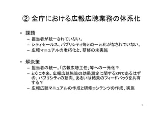 ② 全庁における広報広聴業務の体系化	
•  課題	
  
–  担当者が統一されていない。	
  
–  シティセールス、パブリシティ等との一元化がなされていない。	
  
–  広報マニュアルの老朽化と、研修の未実施	
  
•  解決策	
  
–  担当者の統一。「広報広聴主任」等への一元化？	
  
–  とくに本来、広報広聴施策の効果測定に関するKPIであるはず
の、パブリシティの動向、あるいは結果のフィードバックを共有
する？	
  
–  広報広聴マニュアルの作成と研修コンテンツの作成、実施	
  
5	
 