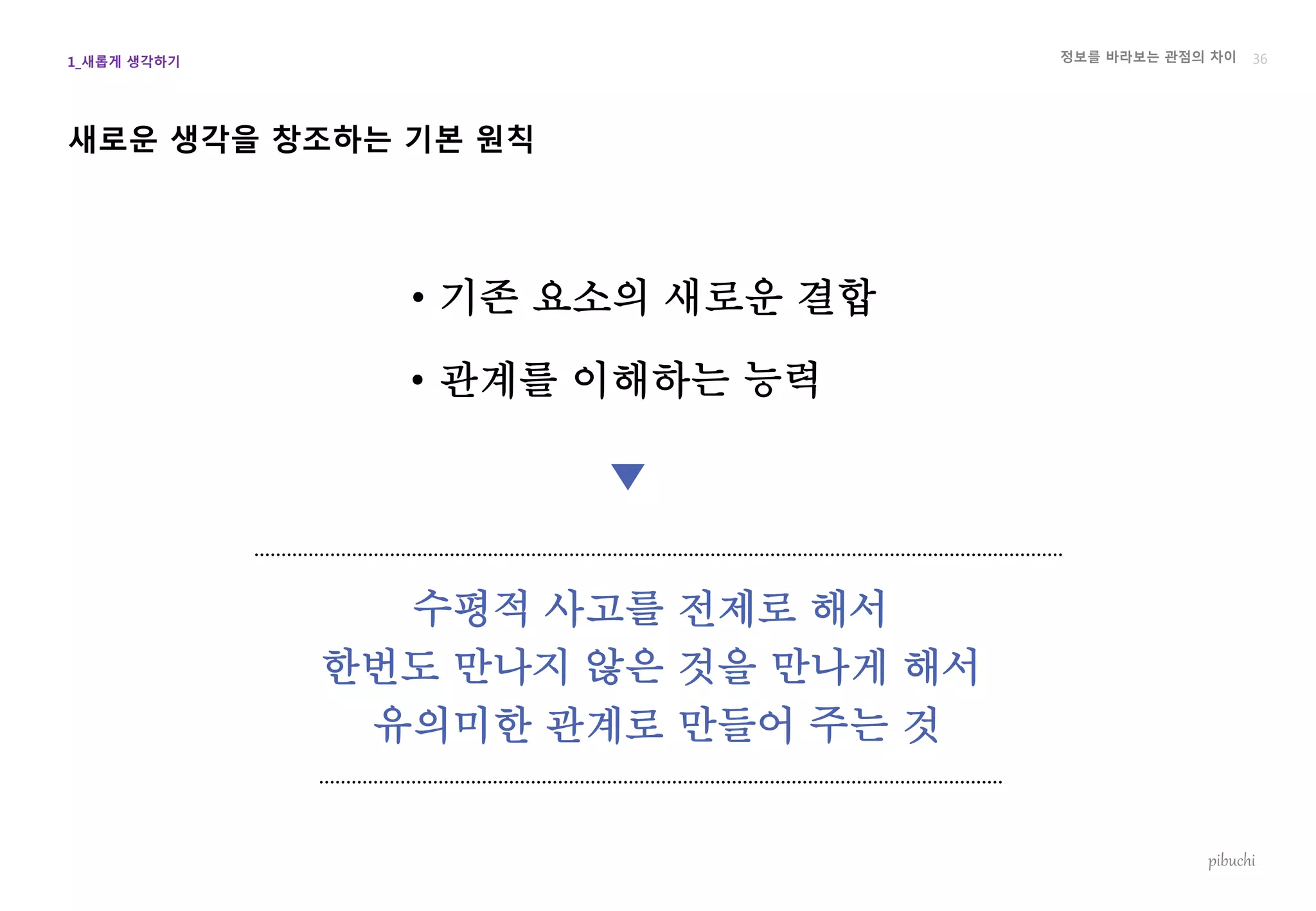 정보를 바라보는 관점의 차이
pibuchi
새로운 생각을 창조하는 기본 원칙
36
• 기존 요소의 새로운 결합
• 관계를 이해하는 능력
▼
수평적 사고를 전제로 해서
한번도 만나지 않은 것을 만나게 해서
유의미한 관계로 만들어 주는 것
1_새롭게 생각하기
 
