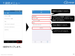 © Money Forward Inc. All Rights Reserved
6.損益分析の確認方法
14
• 勘定科目ごとの内訳が
確認できます。
• 補助科目の摘要が仕訳ごとに
確認できます。
• 補助科目ごとの内訳が
確認できます。
• 分類ごとの残高が確認で
きます。
詳細を確認したい分類
をタップします。
補助科目内訳を確認
したい勘定科目を
タップします。
摘要を確認したい
補助科目をタップ
します。
確認したい分類
をタップします。
 