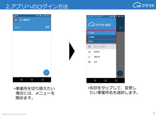 © Money Forward Inc. All Rights Reserved
2.アプリへのログイン方法
6
•矢印をタップして、変更し
たい事業所名を選択します。
•事業所を切り替えたい
場合には、メニューを
開きます。
 