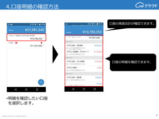 © Money Forward Inc. All Rights Reserved
4.口座残高の確認方法
8
選択した事業所名が表示されます。
事業所を切り替えたい場合は、左
端をタップし、メニューを開くと、
選択することができます。
連携口座の直近の取
得時の残高が確認で
きます。
連携している金融機関で新着の
明細があるときに表示されます。
タップすると、入出金明細を確
認することができます。
連携している金融機関にエラーが発
生していると表示されます。
エラー内容を確認し、再度データの
取得を行なってください。
ホーム画面・分析画面・設定画
面へ遷移したいときは、左上の
メニューを選択するか、右にフ
リックし、メニューを表示させ
ます。
 