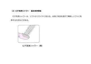 （2）ビデ洗浄シャワー 温水洗浄便座
ビデ洗浄シャワーは、ソフトかつワイドに洗える。水流に気泡を混ぜて噴射しソフトに洗
浄する方式などがある。
 