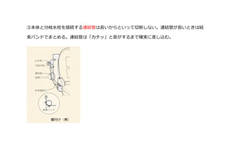 ③本体と分岐水栓を接続する連結管は長いからといって切断しない。連結管が長いときは結
束バンドでまとめる。連結管は「カチッ」と音がするまで確実に差し込む。
 