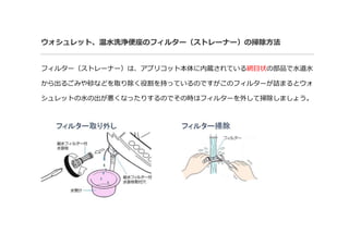 ウォシュレット、温水洗浄便座のフィルター（ストレーナー）の掃除方法
フィルター（ストレーナー）は、アプリコット本体に内蔵されている網目状の部品で水道水
から出るごみや砂などを取り除く役割を持っているのですがこのフィルターが詰まるとウォ
シュレットの水の出が悪くなったりするのでその時はフィルターを外して掃除しましょう。
 