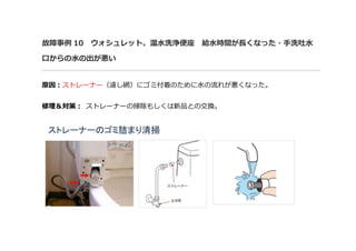 故障事例 10 ウォシュレット、温水洗浄便座 給水時間が長くなった・手洗吐水
口からの水の出が悪い
原因：ストレーナー（濾し網）にゴミ付着のために水の流れが悪くなった。
修理＆対策： ストレーナーの掃除もしくは新品との交換。
 