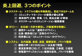 炎上回避，３つのポイント
■ タスクチーム： トラブルの種を早期発見し，即応できるチームを
    (1) コミュニティ・マネージャーの資質が最も肝要
    (2) 関係部門＇広報，営業，ＣＳ，商品企画（が参加
    (3) タスクチームへのコミュニケーション権限委譲

■ ポリシー： 全社統一方針を策定し，行動基準を明確に
    (1) 運用チームには 「運用ガイドライン」
    (2) 社員・関係者には 「活用ガイドライン」
    (3) 利用者には 「コミュニケーション・ガイドライン」

■ システム： 社内協議，承認，返信，履歴保存，ノウハウ蓄積
    (1) 顧客の声 ＇ポジネガともに（ は全員で閲覧
    (2) 要返答事項に対して，①社内協議，②承認，③返信
    (3) 情報源やディスカッション履歴を保存。ノウハウを蓄積
 