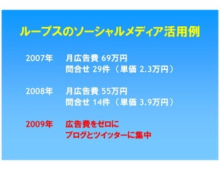 ループスのソーシャルメディア活用例

2007年   月広告費 69万円
        問合せ 29件 （単価 2.3万円）

2008年   月広告費 55万円
        問合せ 14件 （単価 3.9万円）

2009年   広告費をゼロに
        ブログとツイッターに集中
 