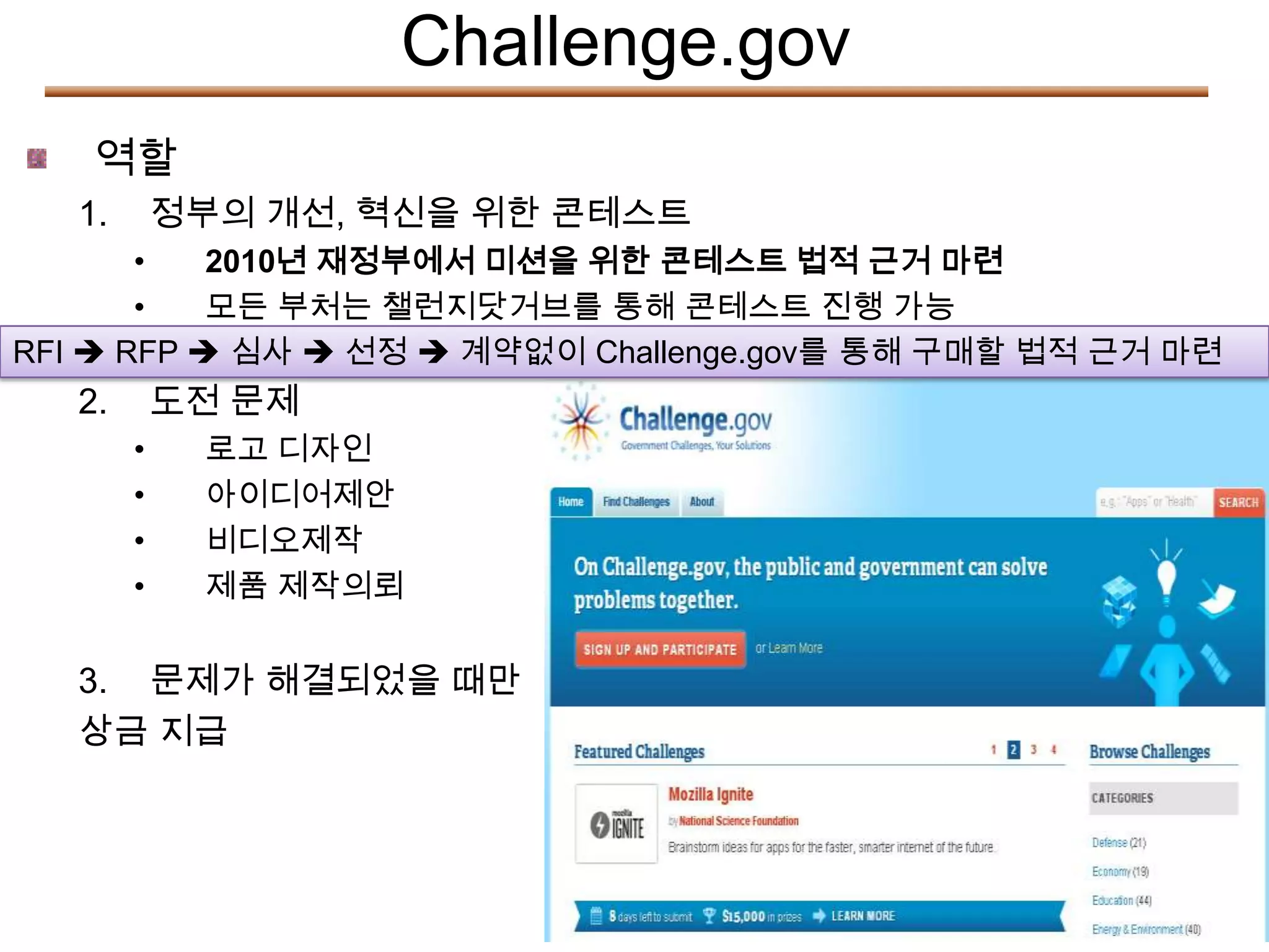 Challenge.gov
    역할
   1.       정부의 개선, 혁신을 위한 콘테스트
       •   2010년 재정부에서 미션을 위한 콘테스트 법적 근거 마련
       •   모든 부처는 챌런지닷거브를 통해 콘테스트 진행 가능
RFI  RFP  심사  선정  계약없이 Challenge.gov를 통해 구매할 법적 근거 마련
   2.       도전 문제
        •    로고 디자인
        •    아이디어제안
        •    비디오제작
        •    제품 제작의뢰


   3. 문제가 해결되었을 때만
   상금 지급
 