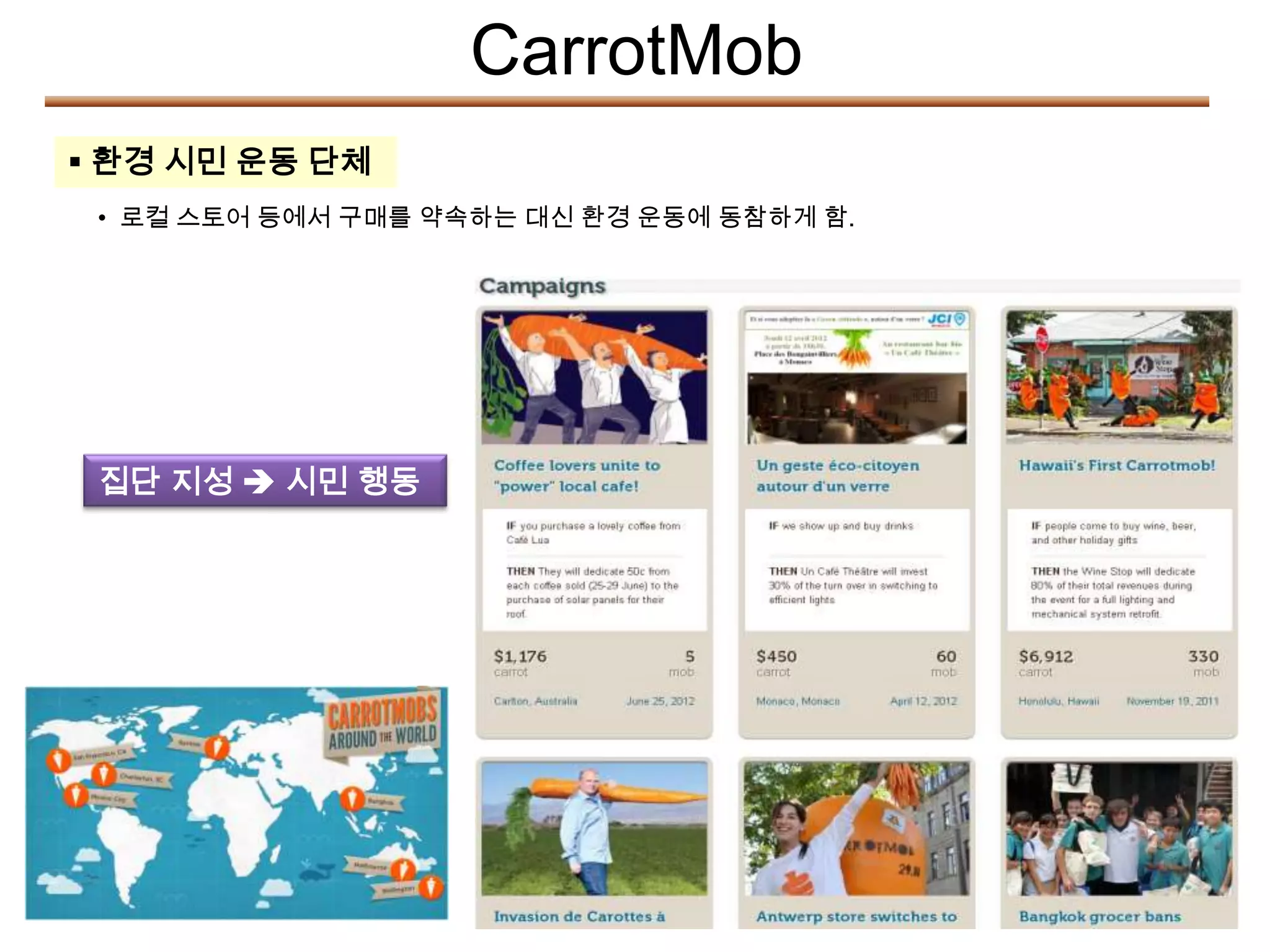 CarrotMob
 환경 시민 운동 단체
 • 로컬 스토어 등에서 구매를 약속하는 대신 환경 운동에 동참하게 함.




 집단 지성  시민 행동
 