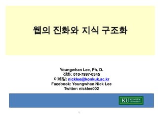 웹의 진화와 지식 구조화



      Youngwhan Lee, Ph. D.
       전화: 010-7997-0345
   이메일: nicklee@konkuk.ac.kr
  Facebook: Youngwhan Nick Lee
        Twitter: nicklee002




              1
 