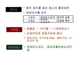 비타민 미네랄 몸의 생리를 돕는 효소의 활성성분 영양대사를 좌우 •   광물질  -  무기물  - < 미량원소 > •   건강유지와 운동기능에 필수 •  칼슘 (Ca),  마그네슘 (Mg),  철분 (Fe),  아연 (Zn)  등 식물영양소 •  카로티노이드 ,  바이오플라보노이드 등 인체에 축적 비타민 A,D,E,K 지용성 정기적 섭취 비타민 C,B 군 수용성 