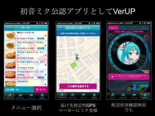 初音ミク公認アプリとしてVerUP

初音ミク

メニュー選択

届け先指定時GPS
マーカーにミク登場

配送状況確認画面
でも

 