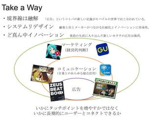 Take a Way
・境界線は融解

「広告」というコトバの新しい定義がモバイルの世界でおこなわれている。

・システムリデザイン

顧客と店とメーカーがつながる仕組化とイノベーションに将来性。

・ど真ん中イノベーション

普段の生活に入り込んだ新しいカタチの広告は強烈。

マーケティング
（経営的判断）

コミュニケーション
（企業とのあらゆる接点活用）

広告

いかにタッチポイントを増やすかではなく
いかに長期的にユーザーとコネクトできるか

 