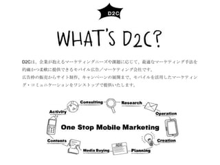 D2Cは、企業が抱えるマーケティングニーズや課題に応じて、最適なマーケティング手法を
的確かつ柔軟に提供できるモバイル広告／マーケティング会社です。
広告枠の販売からサイト制作、キャンペーンの展開まで、モバイルを活用したマーケティン
グ・コミュニケーションをワンストップで提供いたします。

 