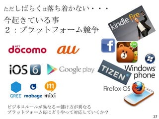 ただしばらくは落ち着かない・・・

今起きている事
２：プラットフォーム競争

ビジネスルールが異なる＝儲け方が異なる
プラットフォーム毎にどうやって対応していくか？
37

 