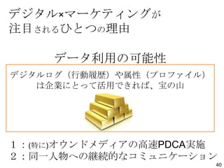 デジタル×マーケティングが
注目されるひとつの理由
データ利用の可能性
デジタルログ（行動履歴）や属性（プロファイル）
は企業にとって活用できれば、宝の山

１：(特に)オウンドメディアの高速PDCA実施
２：同一人物への継続的なコミュニケーション
40

 