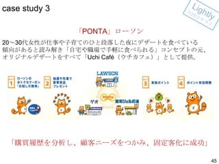 case study 3
「PONTA」ローソン
20～30代女性が仕事や子育てのひと段落した夜にデザートを食べている
傾向があると読み解き「自宅や職場で手軽に食べられる」コンセプトの元、
オリジナルデザートをすべて「Uchi Café（ウチカフェ）」として提供。

「購買履歴を分析し、顧客ニーズをつかみ、固定客化に成功」
45

 