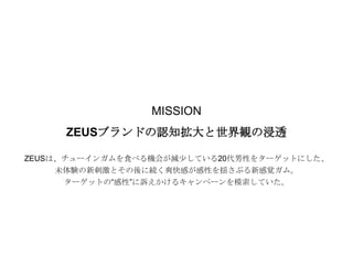 実績紹介│ロッテ ZEUS BEATBOX（１）

MISSION

ZEUSブランドの認知拡大と世界観の浸透
ZEUSは、チューインガムを食べる機会が減尐している20代男性をターゲットにした、
未体験の新刺激とその後に続く爽快感が感性を揺さぶる新感覚ガム。
ターゲットの“感性”に訴えかけるキャンペーンを模索していた。

 