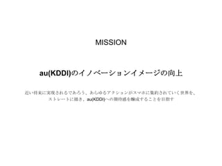 MISSION

au(KDDI)のイノベーションイメージの向上
近い将来に実現されるであろう、あらゆるアクションがスマホに集約されていく世界を、
ストレートに描き、au(KDDI)への期待感を醸成することを目指す

 